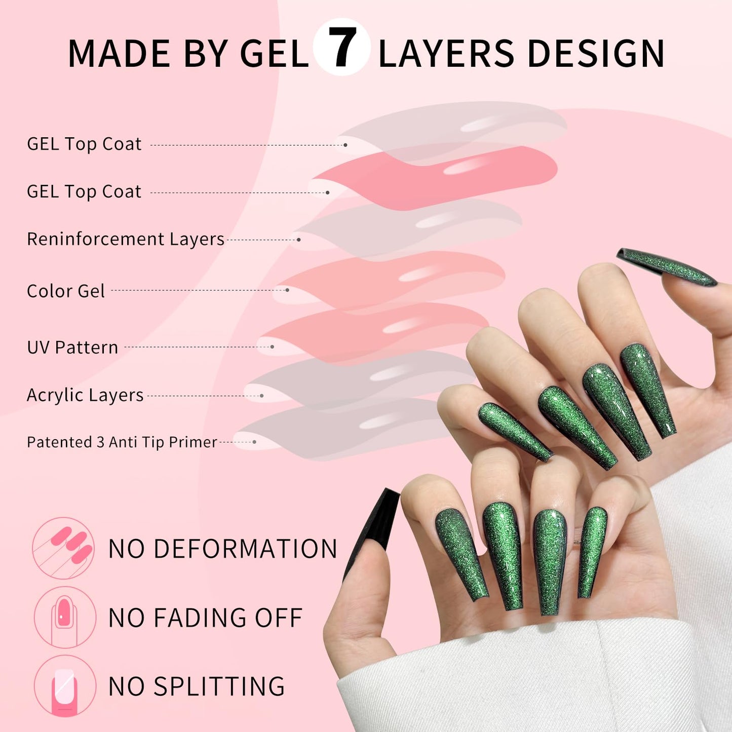Dark Green Cat Eyes Press On Nails,12 Sizes - 24 Pcs Soft Gel Green Long Coffin Fake Nails Kit with Nail Glue, Natural Reusable Stick On False Nails for Women and Girls SK1042