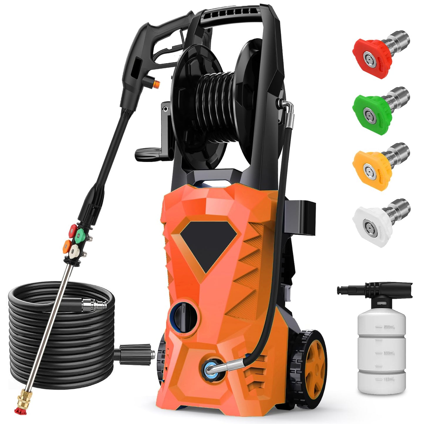 commowner 5000PSI Electric Pressure Washer - 2025 New Power Washer with Upgraded 33ft Pressure Washer Hose Reel, Foam Cannon, 4 Nozzle Set, Power Washer for House/Patios/Car/Fence, Orange