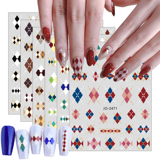 6 Sheets Autumn Winter Plaid Nail Art Stickers Brown Rhombus Bronzing Nail Decals Pegatinas Uñas Classic Plaid Design Geometry Plaid Nail Sticker Nail Supplies for Women Nails DIY Decorations