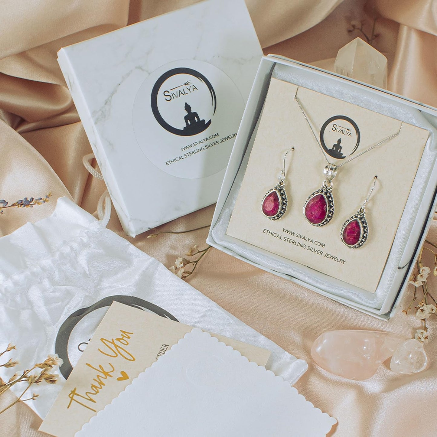 Sivalya AMALFI Raw Ruby Necklace and Earring Set in Solid Silver - Jewelry Set for Women in 925 Sterling Silver - Natural Pear Stones - Raw Ruby Gemstone Jewelry- Gift Packaging Included