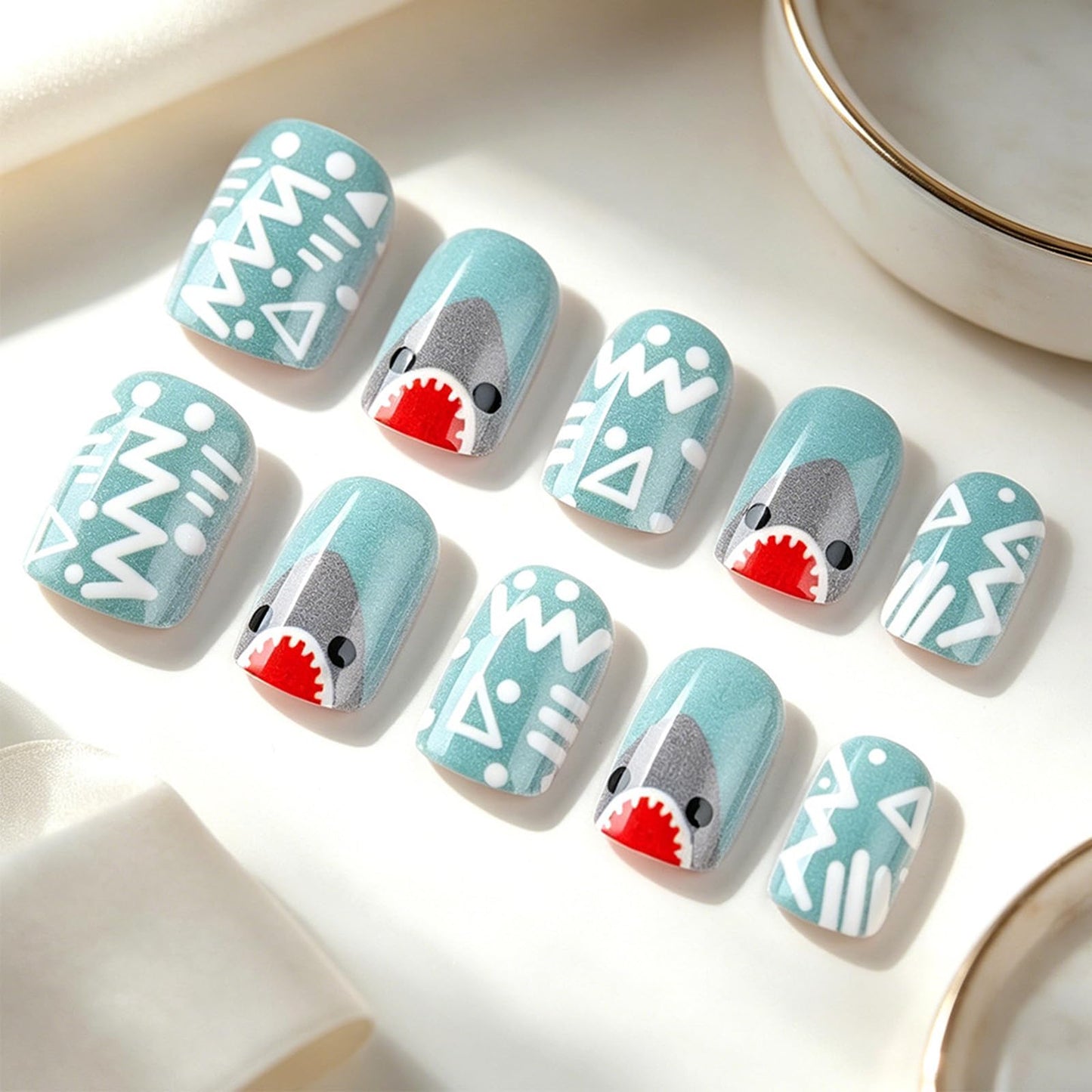 Cute Shark Short Square Press on Nails with Cartoon Design Glossy Blue Fake Nail Tribal Geometric False Nails Summer Glue on Artificial Fingernails Ocean Full Cover Stick on Nail for Women Wear