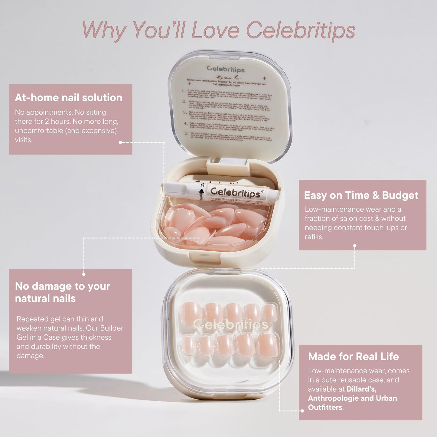 Celebritips Press On Nails - Salon U-ltimate™ | Clean Pink, Extra Short Almond Nails, Reusable | 16 sizes - 32 Nails Kit with Glue and Sticky Tabs