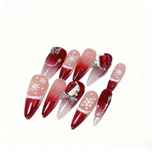 Handmade Press On Nails, Red and Pink Glitter Snowflake Design, Almond Shape,3D Handmade Press on Nails with Charms Medium Almond Fake Nails French Nails Press ons, Nails for Women Daily Wear