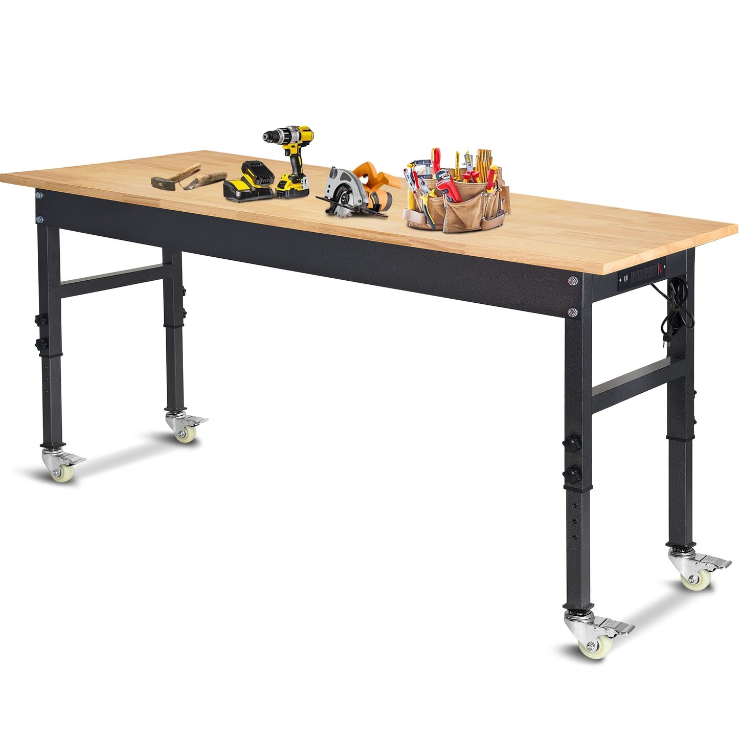 60" Adjustable Work Bench, Rubber Wood Top Workbench Heavy-Duty Work Table with Power Outlet and Wheels, 2000 LBS Load Capacity Hardwood Work Benches for Garage, Workshop, Home, Office, Easy Assembly