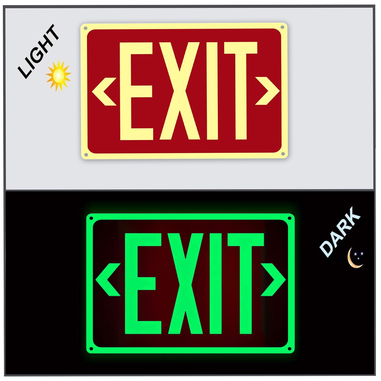 2Pack Photoluminescent Exit Sign Aluminum - 14x10 Inches Glow In Dark Exit Sign with Adhesive Backing - Removable Arrows Included - Non Electrical Red Exit Light For 50 Feet Visibility