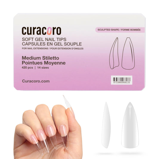 Curacoro Sculpted Medium Stiletto Gel Nail Tips 420Pcs, Clear Full Cover Soft Acrylic Tips 14 Sizes, Easy to Use, Long-Lasting, Glossy Finish