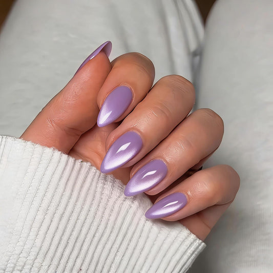 SXVME Cat Eye Light Purple Press On Nails Short Almond Shaped - 30 Pcs Stiletto Short Fake Nails Acrylic Press ons Natural Thick Gel Opaque Glitter Glue on Nails for Women