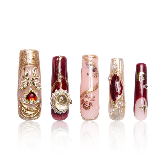 LOVFUL Press on Nails Verona Handmade Curve | Handmade with Full Covered Crystals | Reusable Fake Nails | Square Mid length 1.7in | H186-M