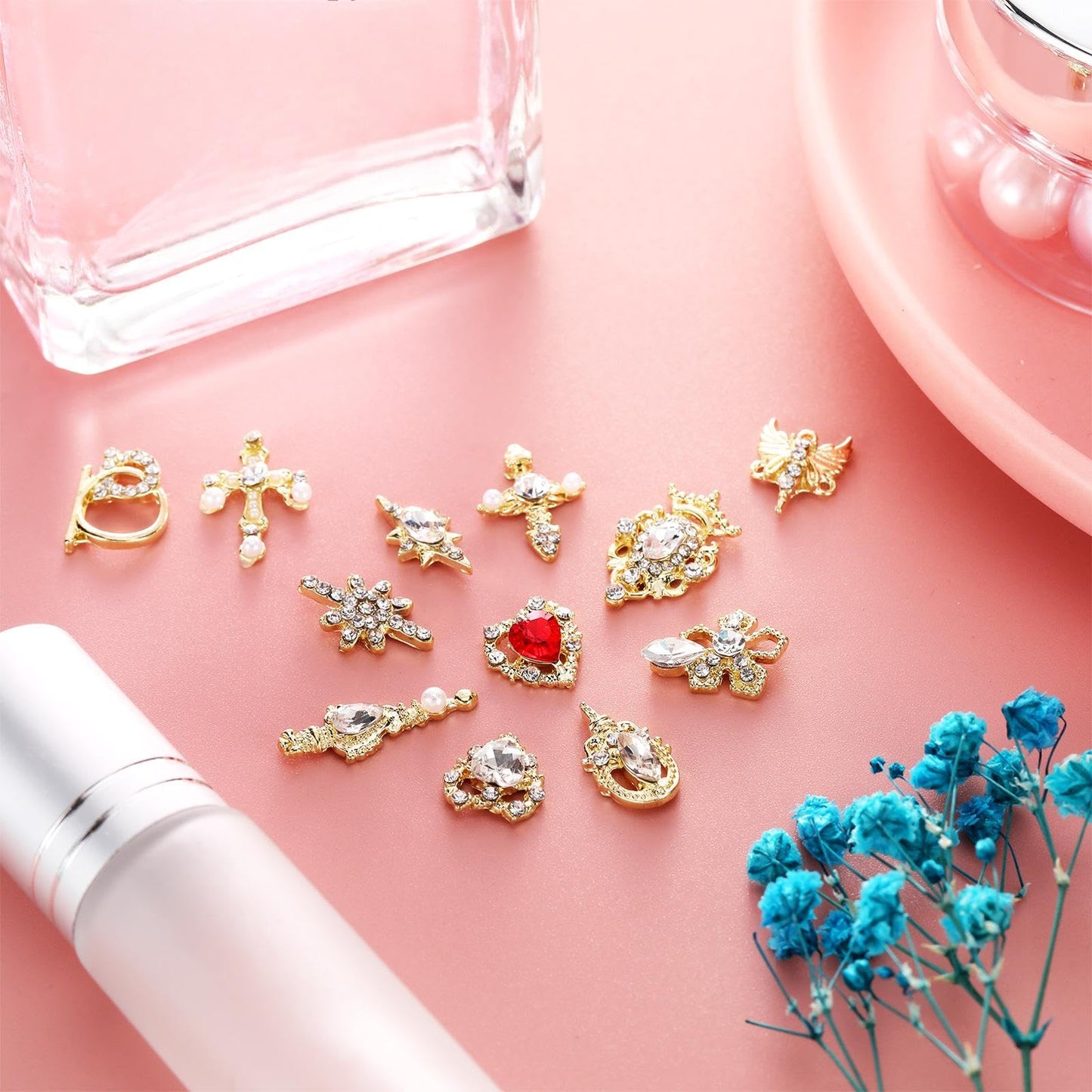 Maitys 48 Pcs Gold Charms 3D Nail Rhinestones Nail Gems 24 Styles Y2k Cross Heart Shiny Diamonds Dangle Crystals Jewels Nails Decoration with Storage Box for Women DIY Hand Beauty Craft Jewelry Making