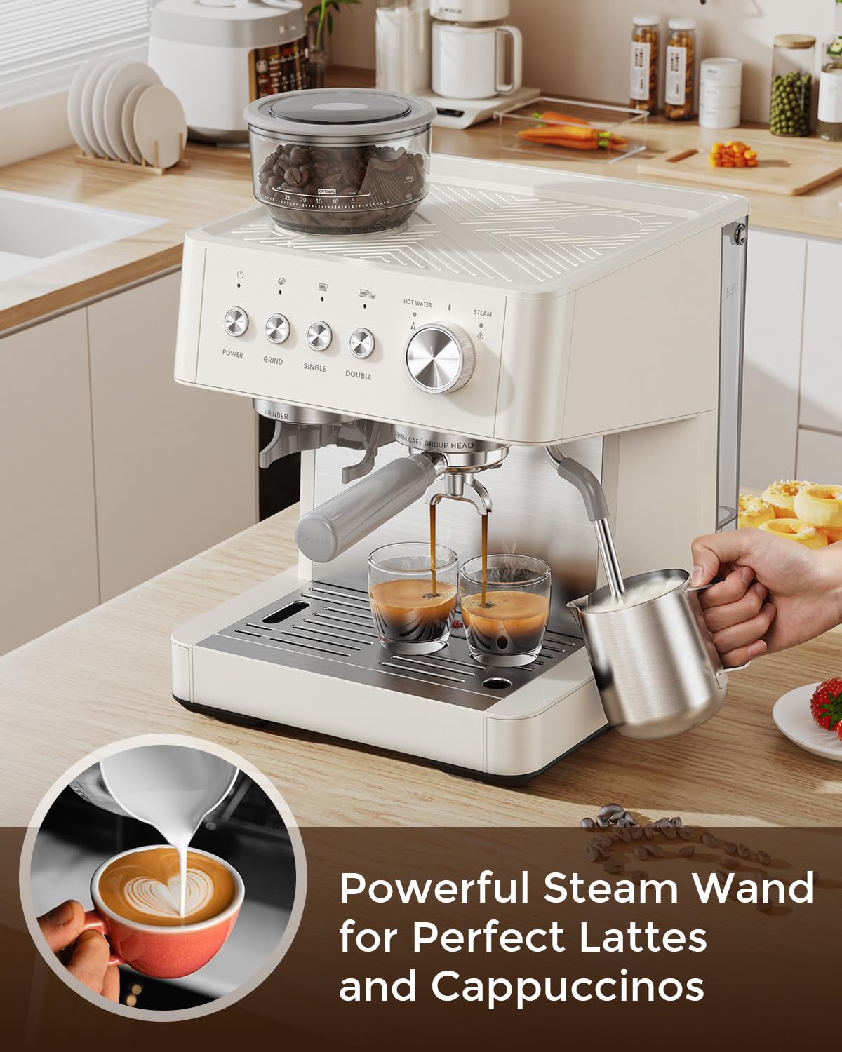 (2026 Upgrade) 20 Bar Espresso Machine with Built-in Anti-Clog Coffee Grinder, Expresso Coffee Machines with Milk Steam Wand/Frother/Tamping Tools,Espresso Maker with Grinder for Lattes-White