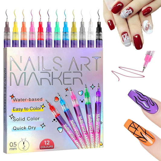 12 Color Nail Art Pens Set, 3D Quick Drying 0.5MM Nail Polish Pen,DIY Nail Beauty Decoration Nail tools,Nail art Mark Graffiti Pen,Nail Art Painted Pen Kit
