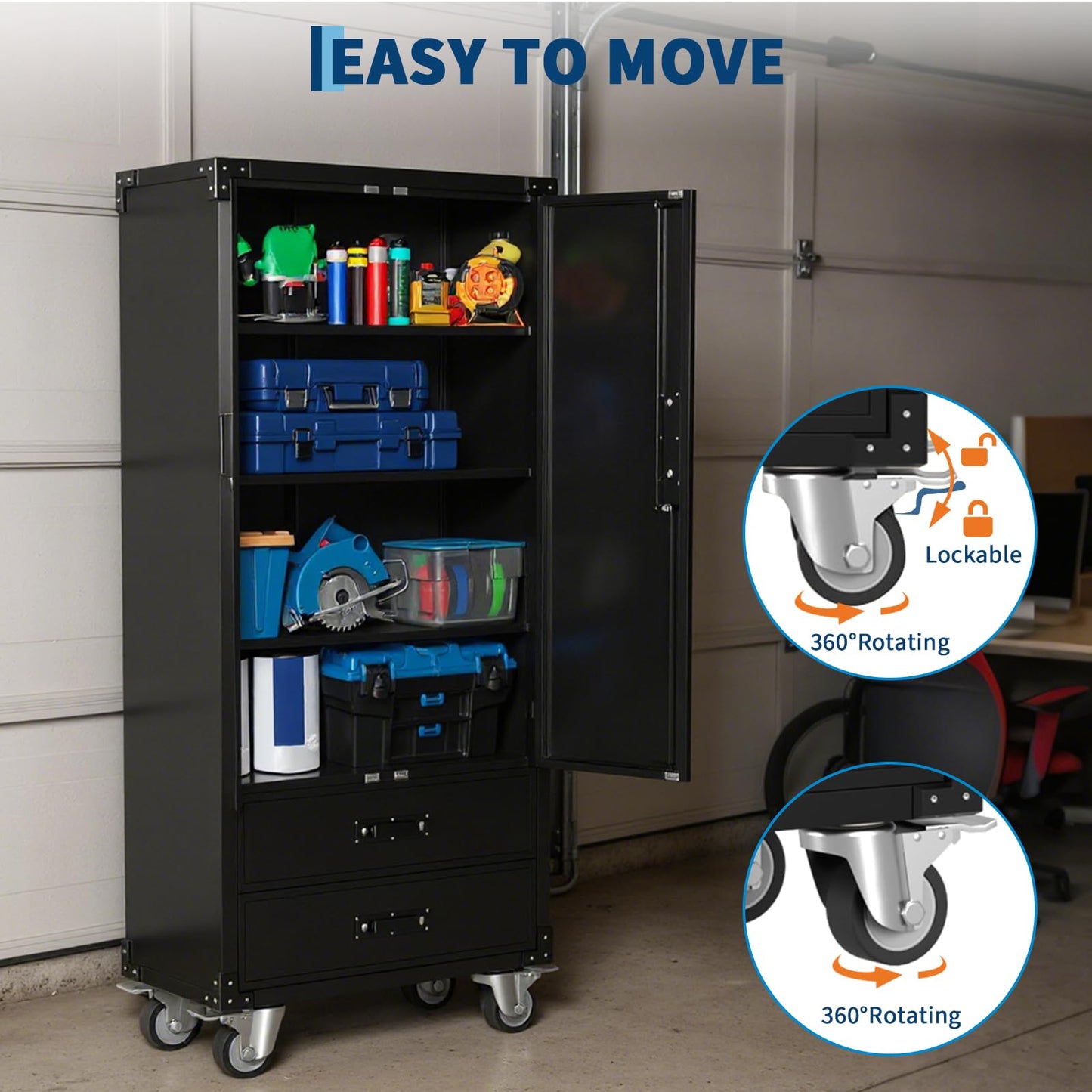 Towallmark Metal Storage Cabinet with Wheels, 72 Inch Tall Rolling Garage Storage Cabinet with 2 Drawers and 2 Doors, Lockable Steel Cabinet with 3 Adjustable Shelves for Home, Office, Shop, Black