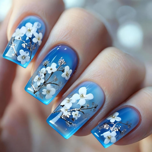 Blue Gradient Press on Nails with White Cherry Blossom Design Medium Square Reusable Floral Fake Nails Art, Full Cover Gel Manicure Tips for Women, Easy Application False Nails for Party/Everyday24PCS