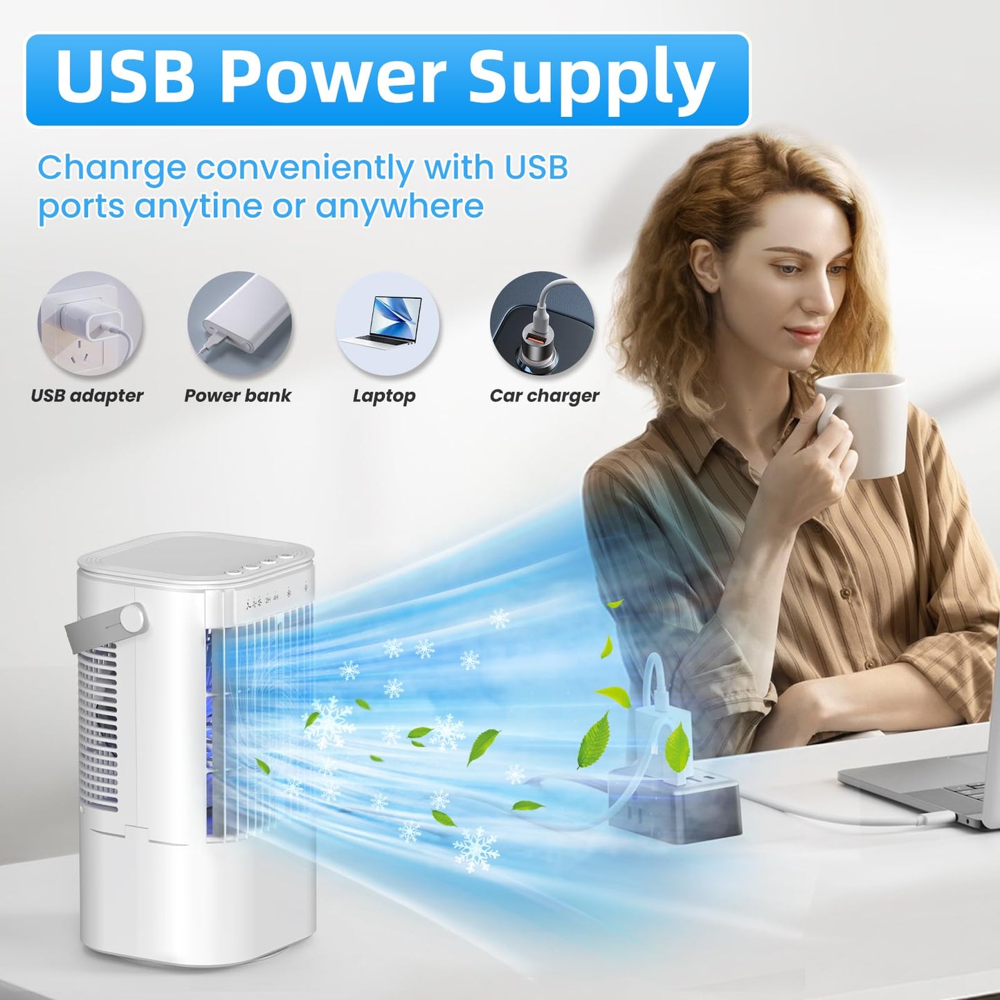 Portable Air Conditioners 4-in-1 Mini Small Air Conditioner Evaporative Air Cooler Fan with 1000ml Water Tank 3 Speeds 7 LED Lights Personal Mini AC with Timer for Bedroom Desktop Home Office (White)