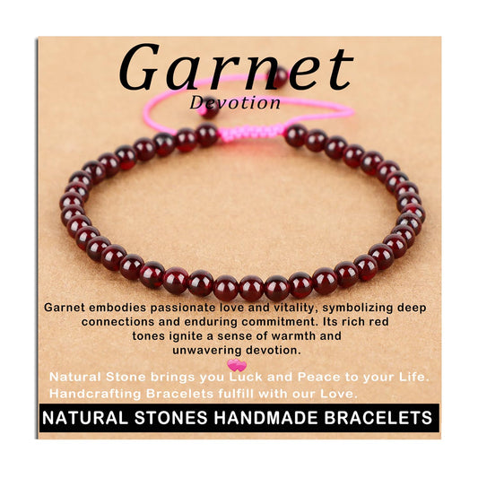 AD Beads 4mm Garnet Bracelet - Stone of Devotion - Handmade Natural Stone Crystal Bracelet with Adjustable Macrame String - Yoga Healing Power Energy Gifts for Men and Women