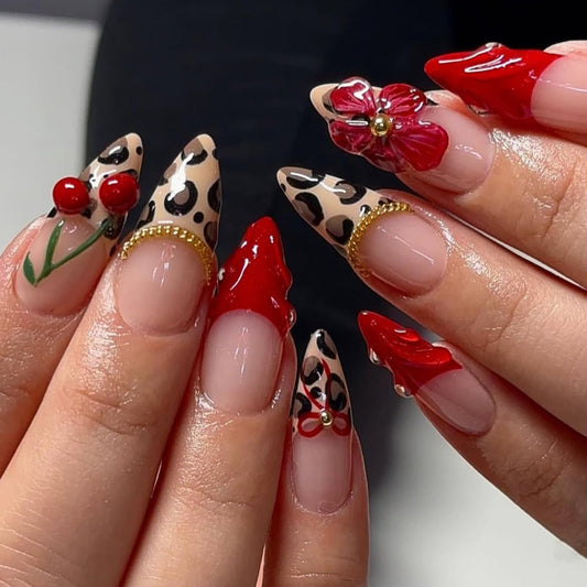 French Leopard Print Red Floral Press on Nails Medium Almond Artificial Acrylic False Nails Stick on Nail 3D Cherry Full Cover Red Flower Reusable Coffin Artificial Fingernails for Women Manicure