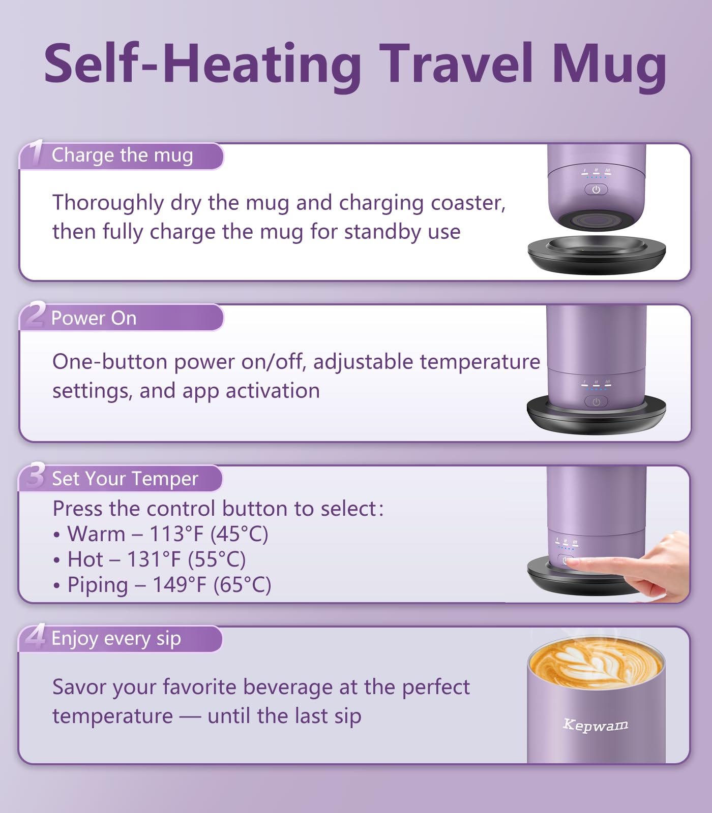 Kepwam T3 Self-Heating Travel Mug 20oz, Temperature-Controlled Coffee Warmer Mug, Smart Travel Coffee Mug Keep Coffee Drinks Hot, Heated Mug Great for Driver Outdoor Fits Car Cup Holders