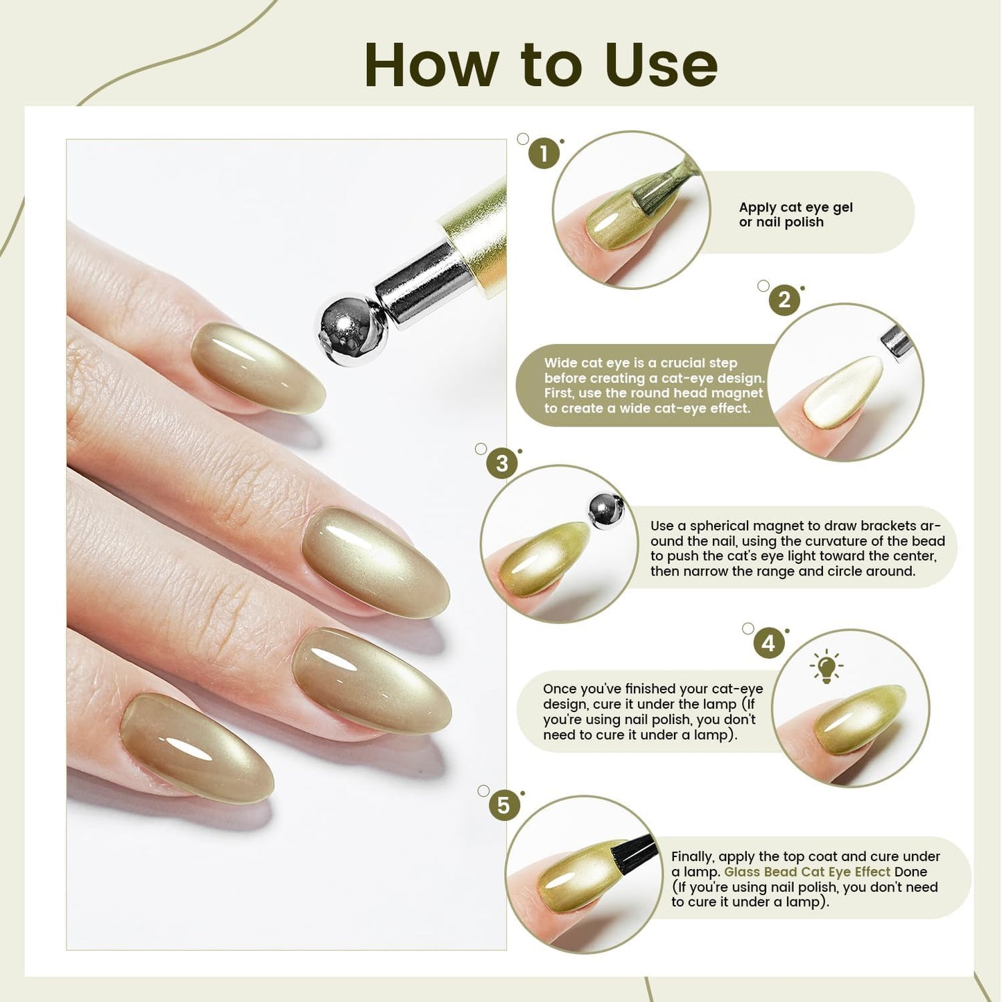 JODSONE 3-in-1 Cat Eye Magnet Nail Art Tool,Cylindrical & Ball Magnet Nail Art Pens, Multi-Effect Magnets for Cat Eye Gel Polish DIY at Home Salon(Magnet Only, No Gel Included)