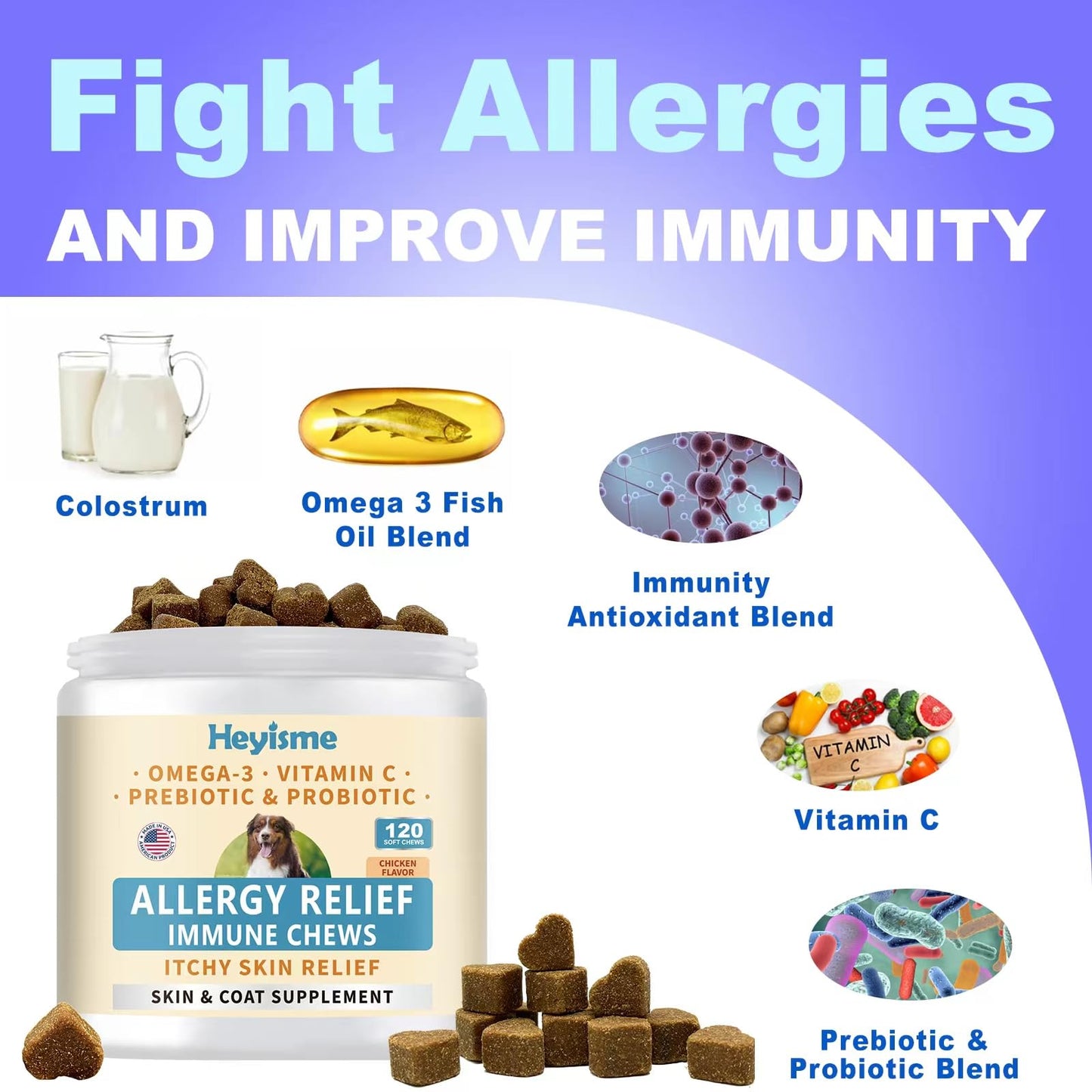 Dog Allergy Relief Chews, Itch Relief, Probiotics for Dogs, Omega-3 Fish Oil, Seasonal Allergy and Itchy Skin Treatment, Immune Support Supplement (120 Chews, Chicken)