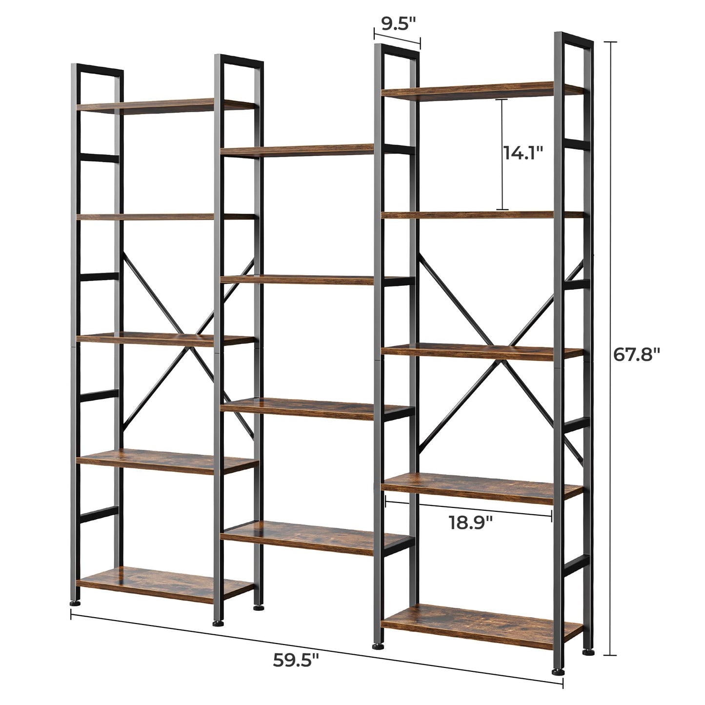 SUPERJARE Triple Bookshelf, Bookcase with 11 Open Display Shelves, Wide Book Shelf Book Case for Home & Office, 5 Tier, Rustic Brown