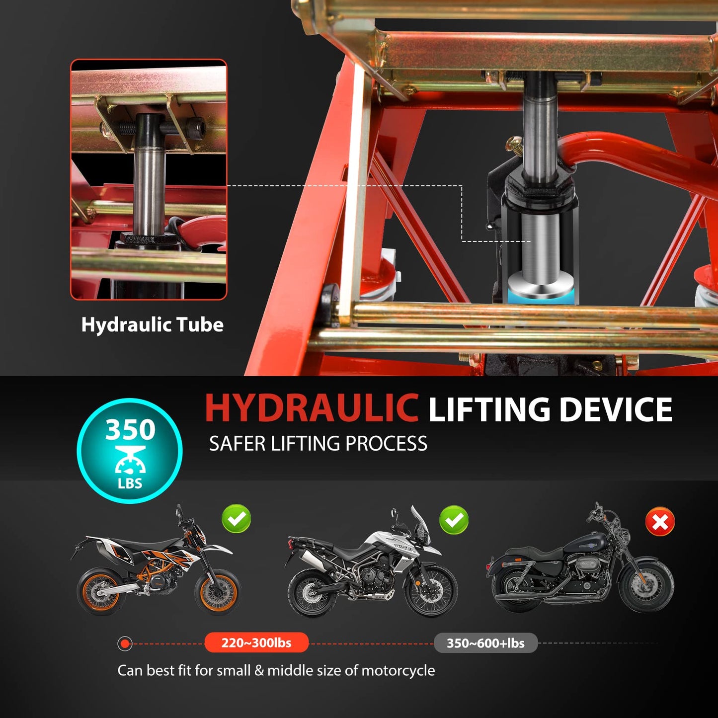 VIVOHOME 350 Lbs Heavy Duty Hydraulic Motorcycle Lift Jack, ATV Dirt Bike Foot Operated Scissor Stand Table with 4 Wheels and Removable Stopper, Red