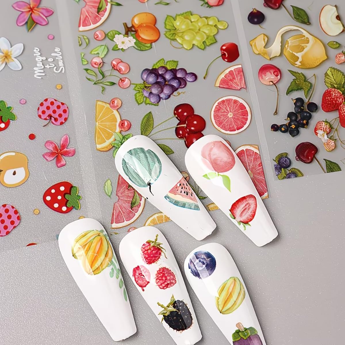 Fruit Nail Art Foil Transfer Stickers Summer Nails Foils Transfer Decals Lemon Strawberry Flower Fruit Nail Decals Nail Art Supplies Starry Sky Paper Nail Adhesive Slider for Women Manicure Decoration