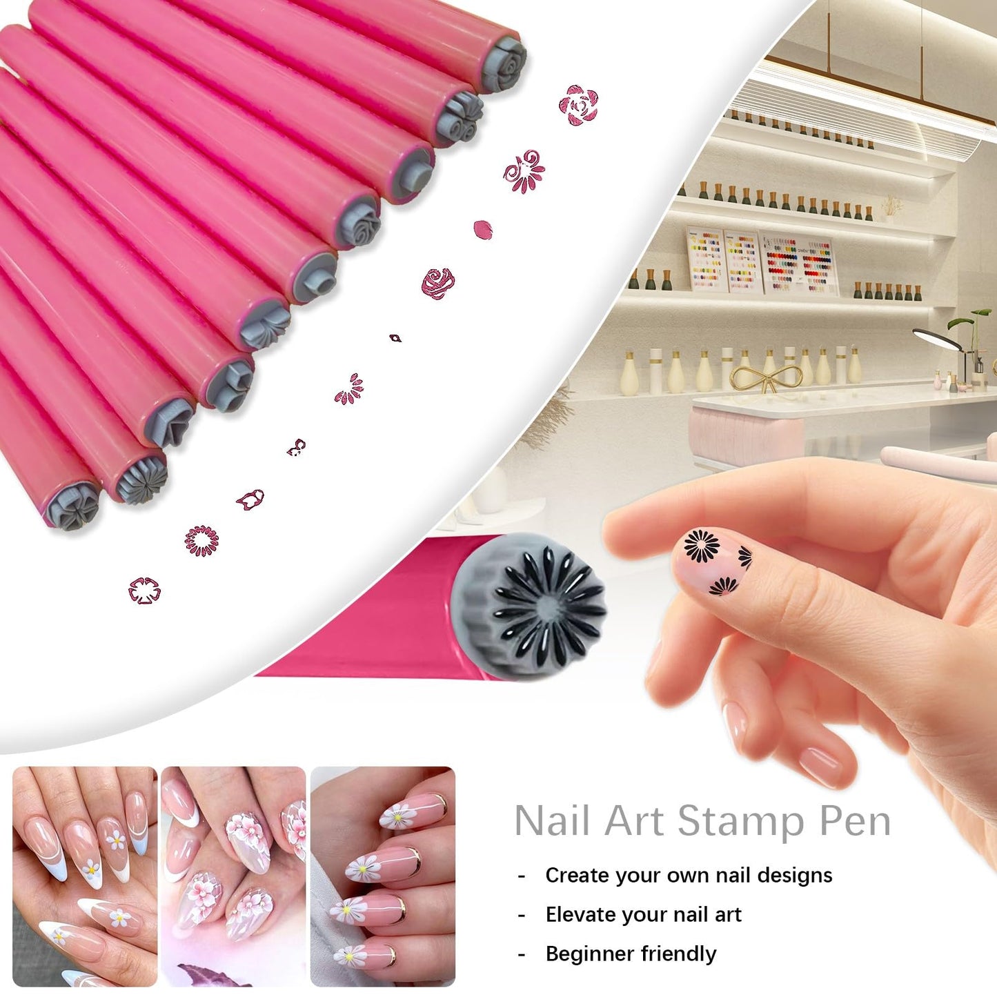 5 in 1 Nail Magnet Tool with 10Pcs Nail Art Stamp Pen, Nail Magnet for 3D Cat Eye Gel Nail Polish Magnet Tools, Nail Art Flower Stamp Pen DIY Nail Art Tools for Salon DIY Home Manicure