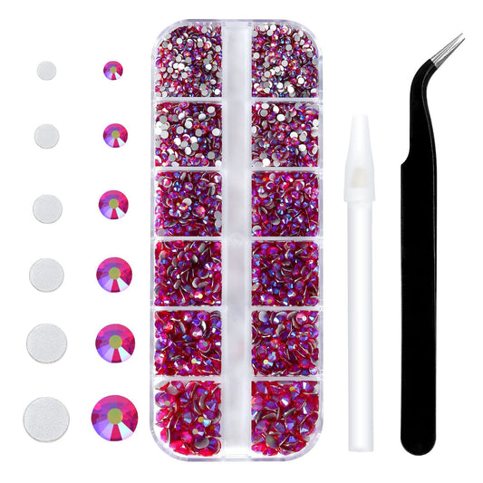 Meibite Red AB Glass Flatback Rhinestones for Nails, Crafts & Clothes – 4240PCS 6 Sizes (SS6–SS20) Crystal Gems Kit with Tweezers & Picker, Non Hotfix DIY Rhinestones for Tumblers, Shoes, Nail Art