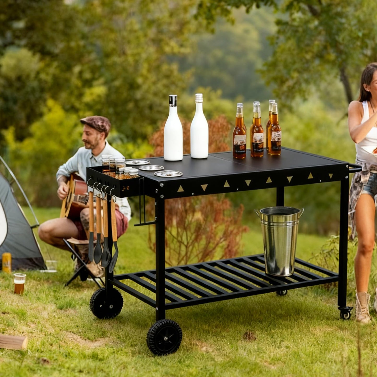 GVGBUK Portable Outdoor Grill Table with Wheels, Heavy-Duty Griddle Stand Grill Cart with Shelves,Towel Holder, Spice Pots & Bottle Opener, Multi-Functional BBQ Prep Station & Utility Cart