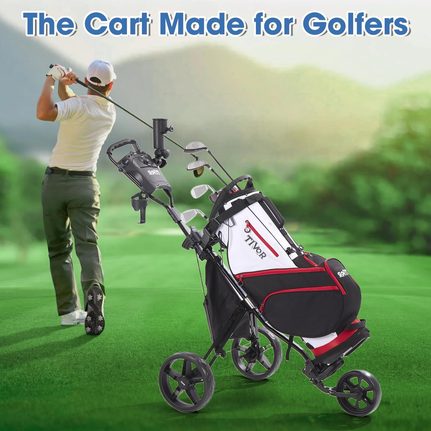 3 Wheel Golf Push Cart,Lightweight Golf Pull Cart with Quad-Fold Frame,and Cleaning Kit Golf,Cooler Bag,Cup/Phone/Umbrella Holder Compact Golf cart-black