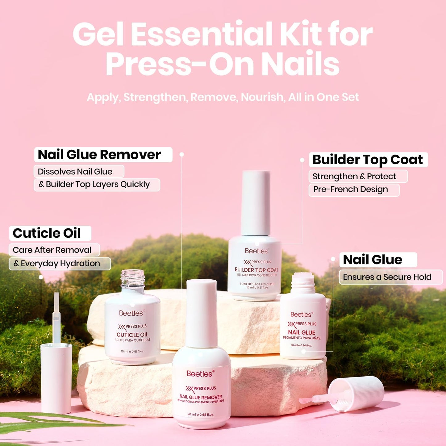 Beetles 4Pcs Press-On Nail Essential Kit, Fast Dry Nail Glue, Builder Top Coat, Nail Remover & Cuticle Oil Set, Complete System for Secure Wear, Easy Removal & Natural Nail Care