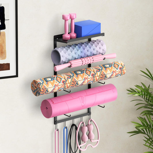 Inlisy Yoga Mat Holder Wall Mount, 4-Tier Iron Yoga Mat Rack Wall Mount Organizer, Heavy Duty Gym Wall Storage for Multiple Mats, Easy Install Space Saving
