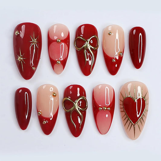 BABALAL Press on Nails Medium Almond Fake Nails Red French Tip Glue on Gold Chrome Bow Heart Design Y2k with Charm Supplies Art 24Pcs Manicure Glossy Full Cover Acrylic False Nails