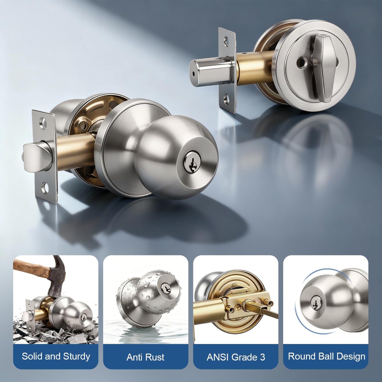 Knobonly Keyed Alike Exterior Door Knob, Round Outdoor Lock with One Sided Deadbolt, Stainless Steel, Satin Nickel Door Knobs, Silver Door Handle Sets, 4 Pack