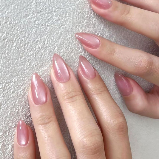 Pink Press on Nails Almond Fake Nails with Designs Glitter Stick on Nail Medium Acrylic False Nail Cute Summer Artificial Nail Press ons Glossy Full Cover Glue on Nails for Women 24Pcs