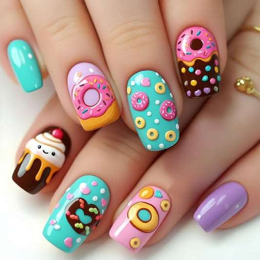 Cute Donut Press on Nails Colorful Cartoon Fake Nails Long Coffin Shape Reusable Glue-On False Nails Kit with Sweet Dessert Designs for Women Girls 24 PCS