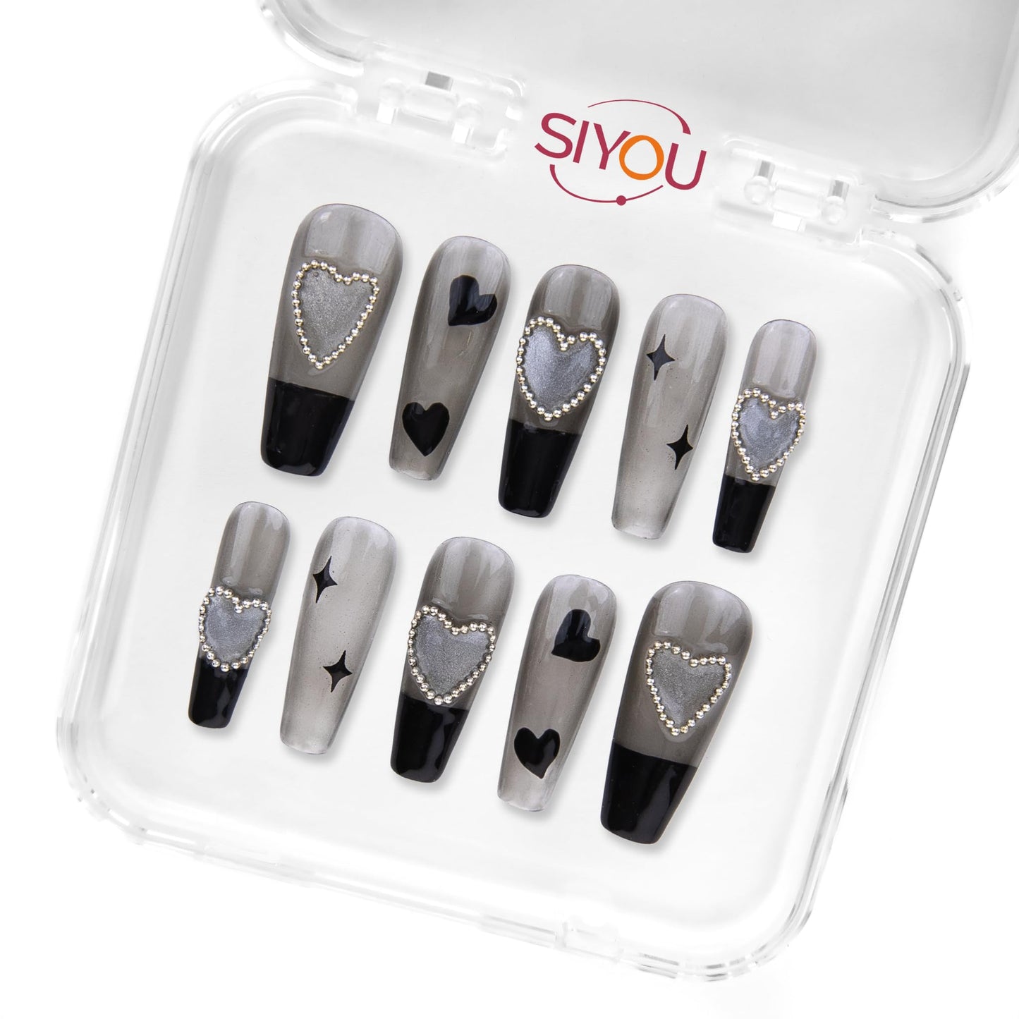SIYOU Beauty | Starlit Love | Grey and Black Glitter Romantic Long Coffin Press On Nails for Women (Medium) - Reusable, Salon-Quality Fake Nails (10pc)