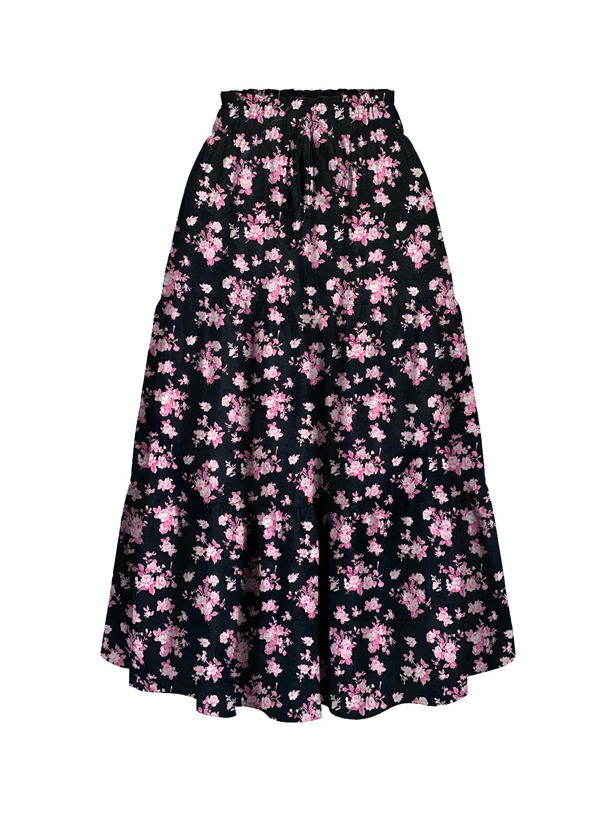 Women's High Elastic Waist Midi Skirt Casual Summer Trendy Tie Front Flowy Ruffle Floral Print A line Skirts 626