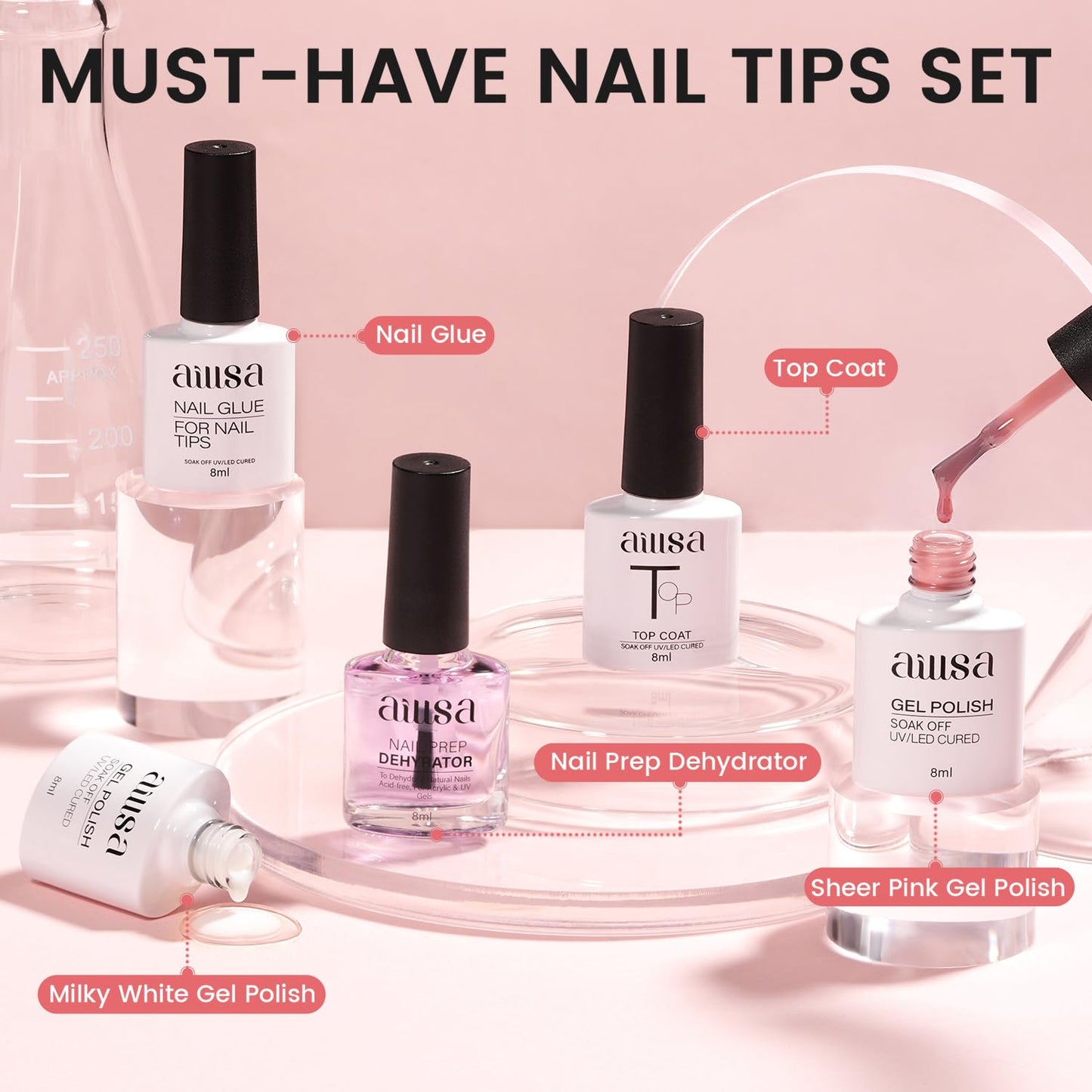 AILLSA Nail Extension Kit Short Almond Nail Tips 240pcs with 2 In 1 Nail Glue Base Coat and Nail Dehydrator, Gel Nail Tips Kit with Nail Lamp Top Coat for Starters Home Salon