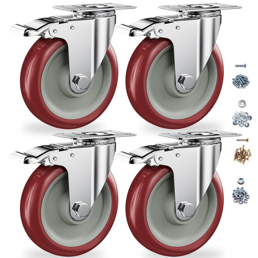 CLOATFET 5 Inch Heavy Duty Casters with Brake - Set of 4, Polyurethane Non-Marking Wheels, Double Ball Bearing Swivel Plate Casters for Workbench, Tool Cabinet, Cart, Kitchen Pantry