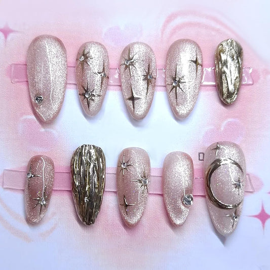 30Pcs Pink Glitter Press on Nails Almond Medium 3D Stars Sparkling Handmade False Nails Kit Glossy Full Cover Cute Stick on Nails Rhinestone Nails for Sweet Girl Star Moon DIY Manicure