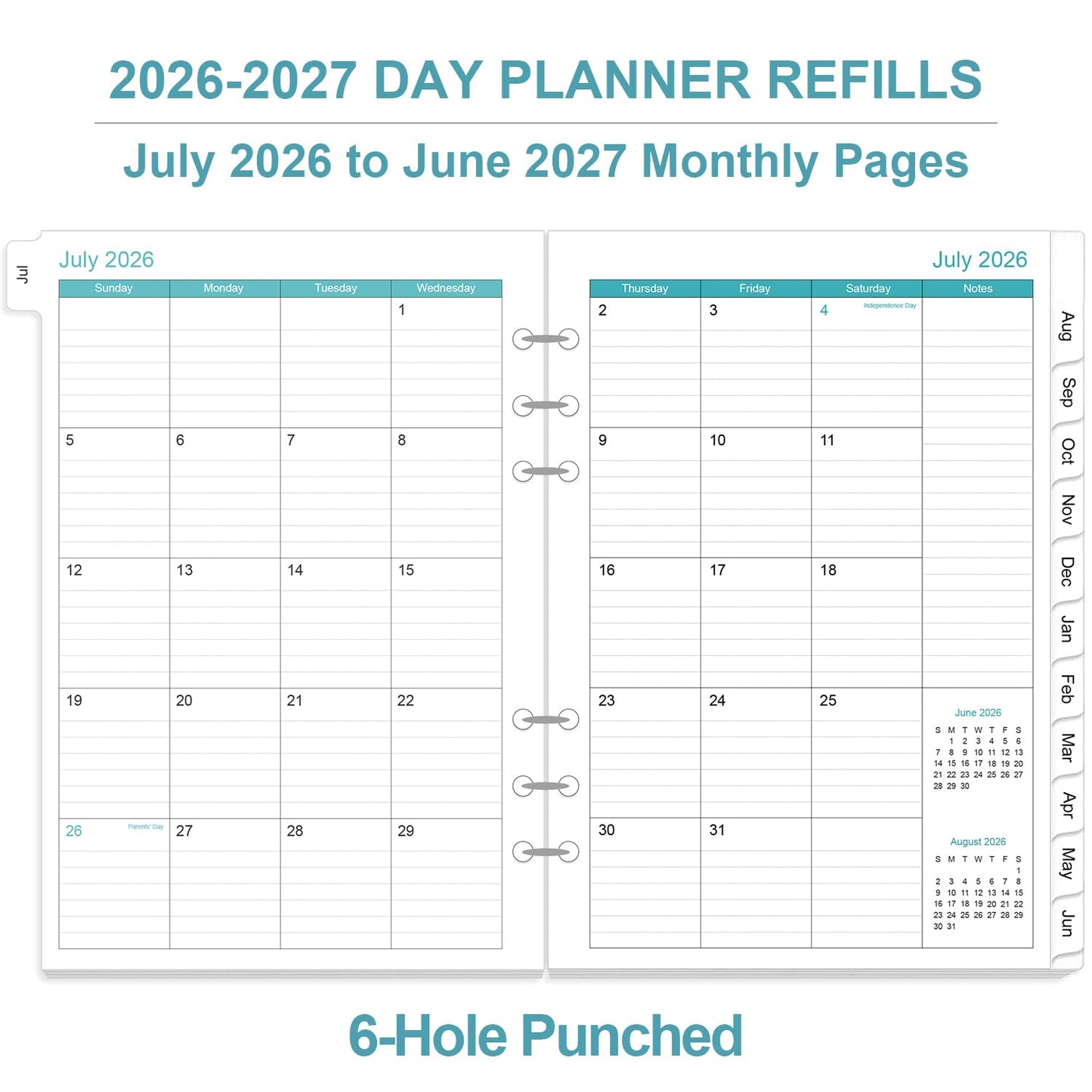 2026-2027 Planner Refills for A5 Binder - One Page Per Day Daily ＆ Monthly Planner, July 2026 - June 2027, Prioritized, To-Do List, Notes, Appointment Schedule, 6-Hole Punched, 5.8" x 8.3"