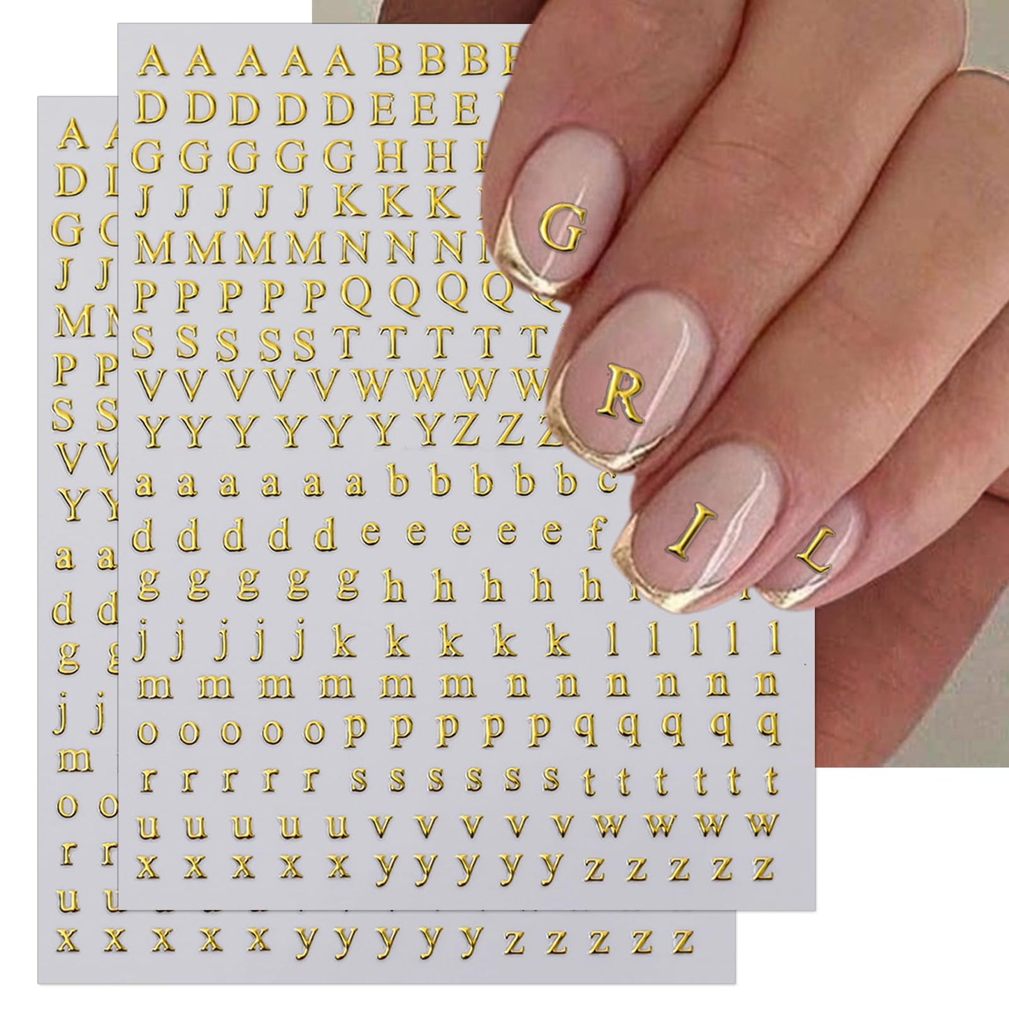 IDDFEVE 8 Sheets Letter Nail Art Stickers - 3D English Alphabet Nail Decals for DIY Metallic Gold Silver Acrylic Manicure Holographic Nail Decorations