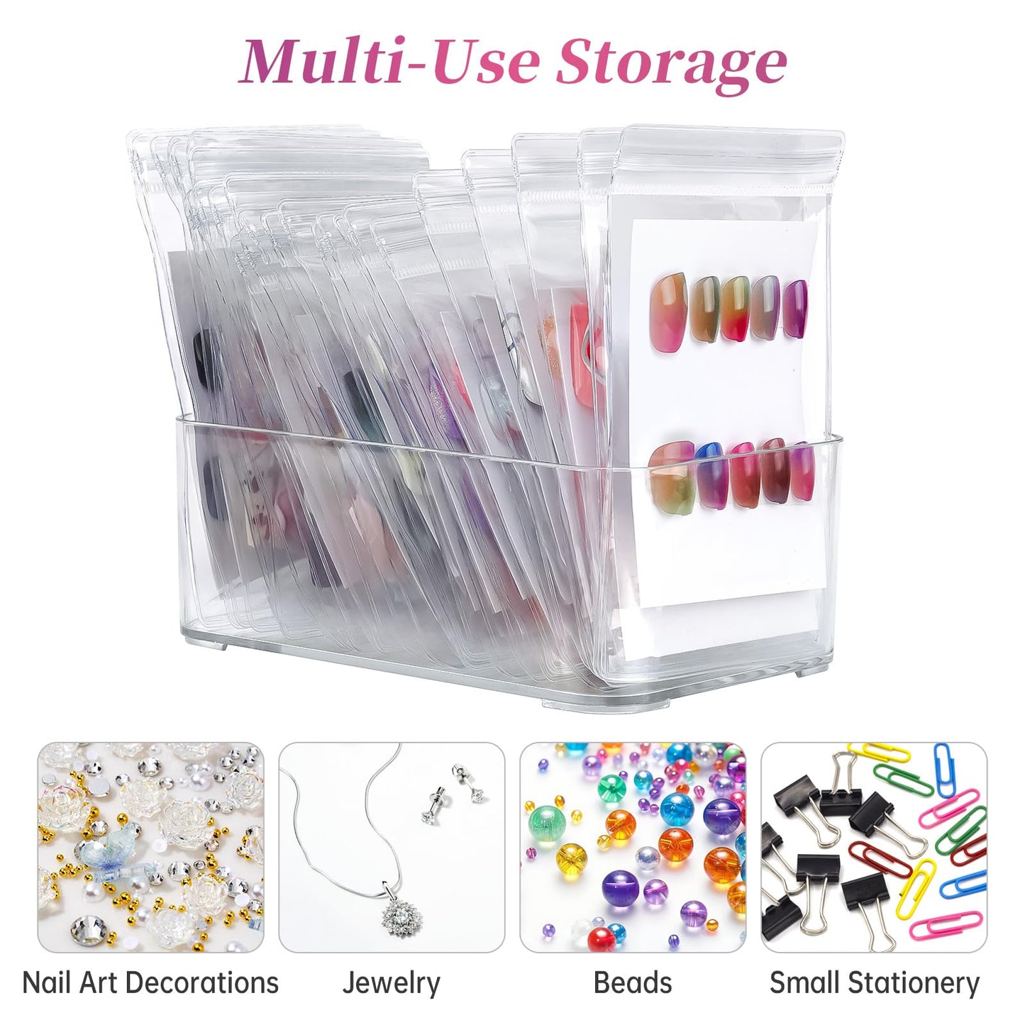 Aphlos Press On Nail Storage Set,30 PVC Ziplock Bags, 30 Nail Art Cards, a Roll of Transparent Double-Sided Tape and an Acrylic Storage Box