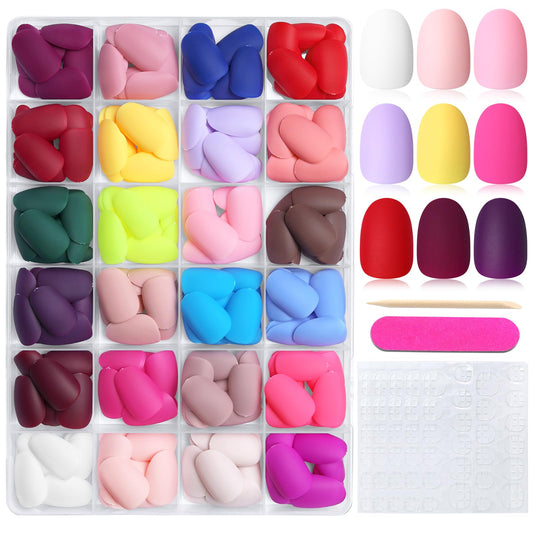 LoveOurHome 576pc Round Almond Press on Nails Short Fake Nail with Glue Tabs, Oval Glue on Nails Press ons Nail Oval Acrylic Nails Short False Nails Women Girls Matte Stick Artificial Fingernail