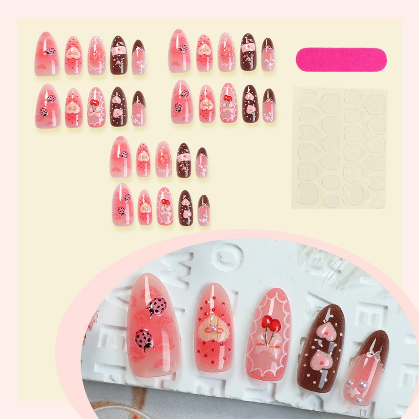 30Pcs Summer blush Press on Nails Medium Almond Fake Nails Gradient Bow Nails with French Love Strawberry Polka Dot Pearl Design Handmade Nails Exquisite Cute Stick on Nails for Women