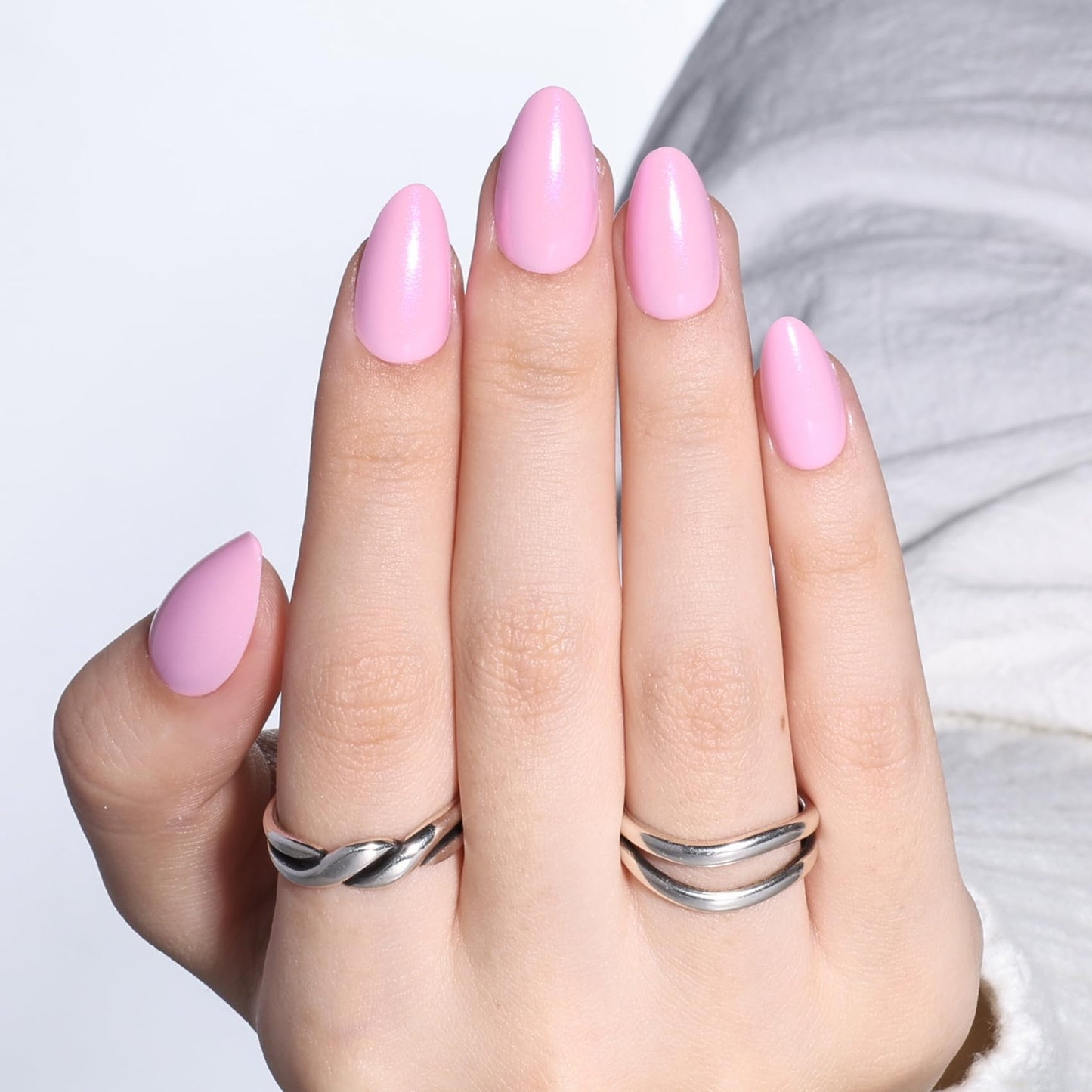 Pink Press On Nails Almond - Short Fake Nails with Nail Glue, Pink Chrome Press On Nails Reusable Stick On Nails in 16 Sizes - 32 Nail Kit for Women & Girls | Salon Quality