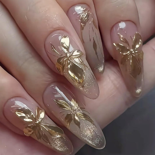 24Pcs Gold Press on Nails Almond Long Glitter Nude Fake Nails Luxury Metallic Flower Acrylic Nails Glue on Nails Reusable Full Cover False Nails for Women Wedding Party Daily DIY Manicure