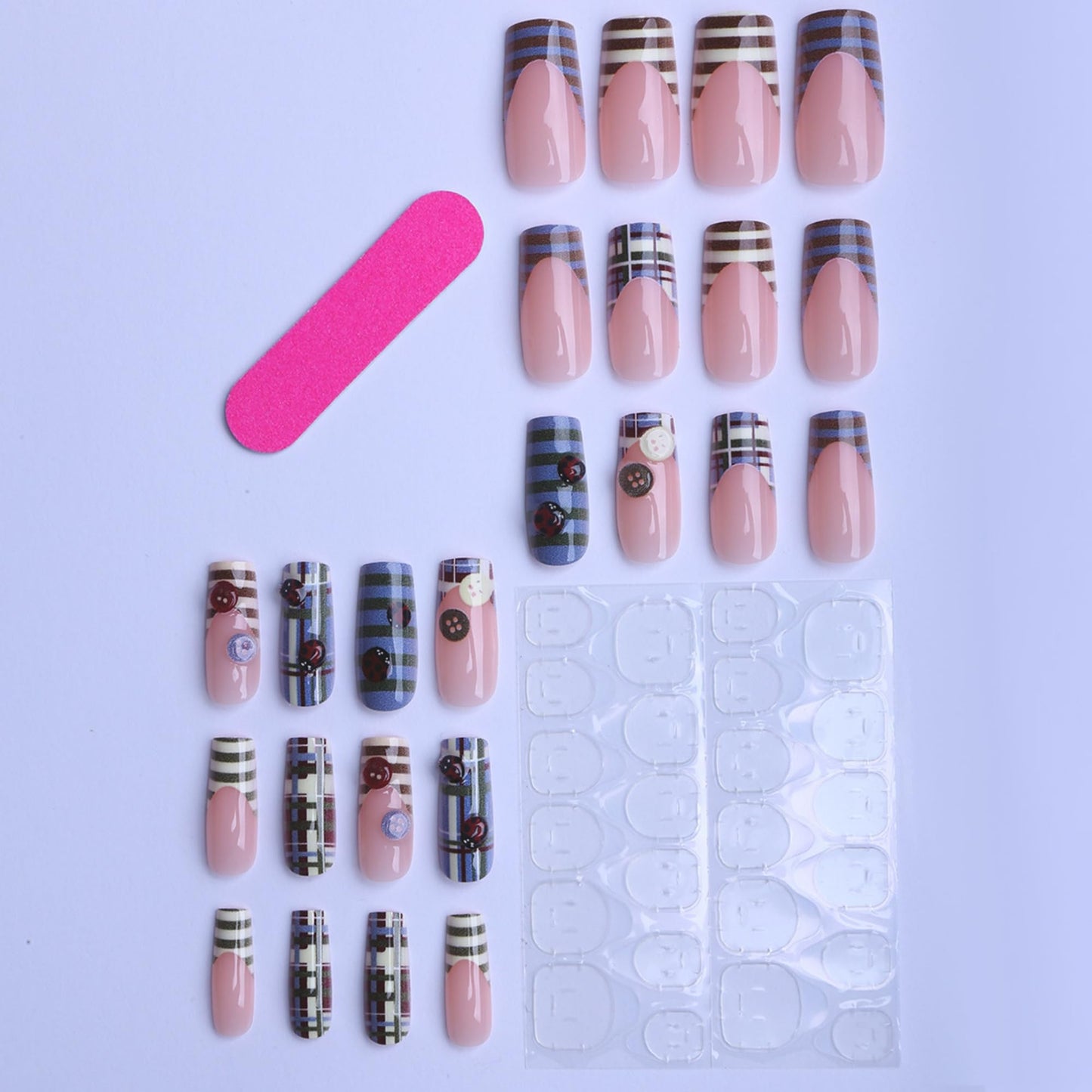 octoswave Press on Nails Medium Square Plaid Fake Nails with 3D Button Ladybug Designs for Women Party Travel 24Pcs