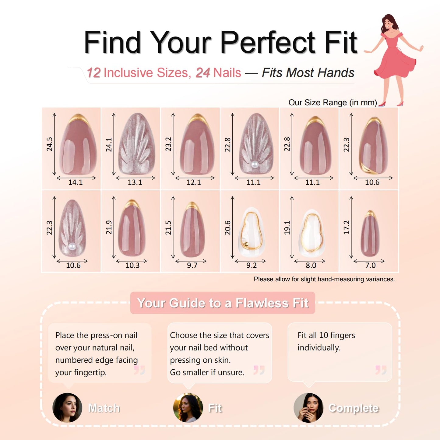 3D Press On Nails Almond Shape, Nude Pink with Gold Edge & Pearl Design, Glossy Luxury Fake Nails Set, 24PCS Reusable Artificial Nails for Women